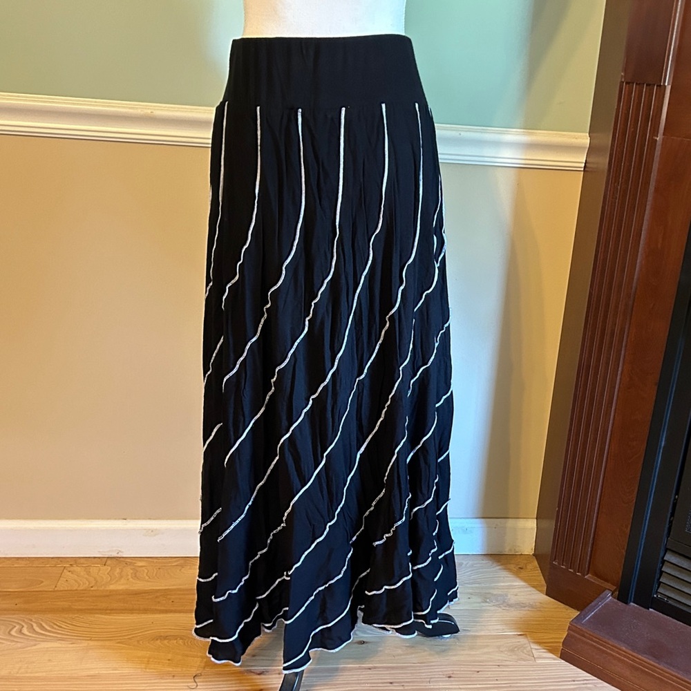 Soft Surroundings Black Bias Swirl Flared Maxi Skirt Elastic Waist Lined PL
